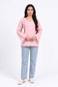 Cotton Short Kurti — Rose Pink with Tassel Trim