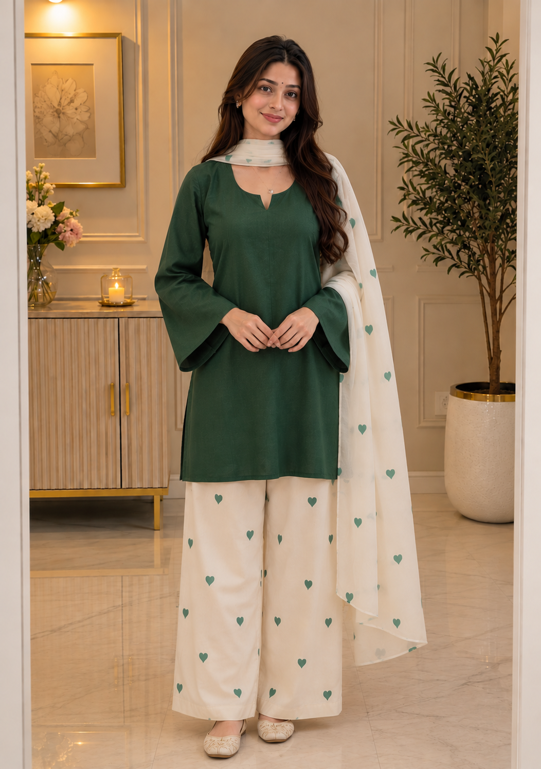 Cotton Pant Suit Set — Emerald Green with Heart Print Palazzo