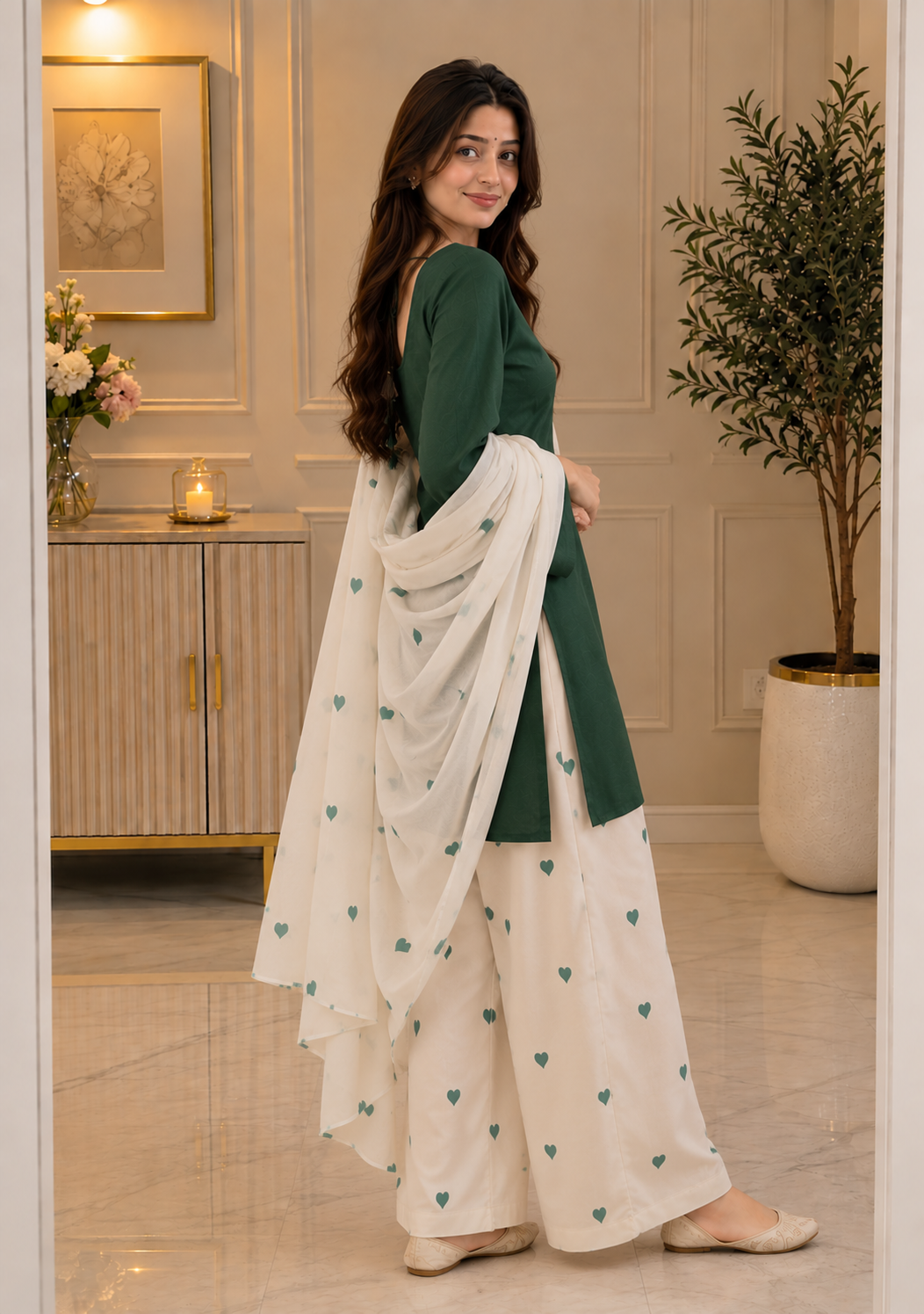 Cotton Pant Suit Set — Emerald Green with Heart Print Palazzo