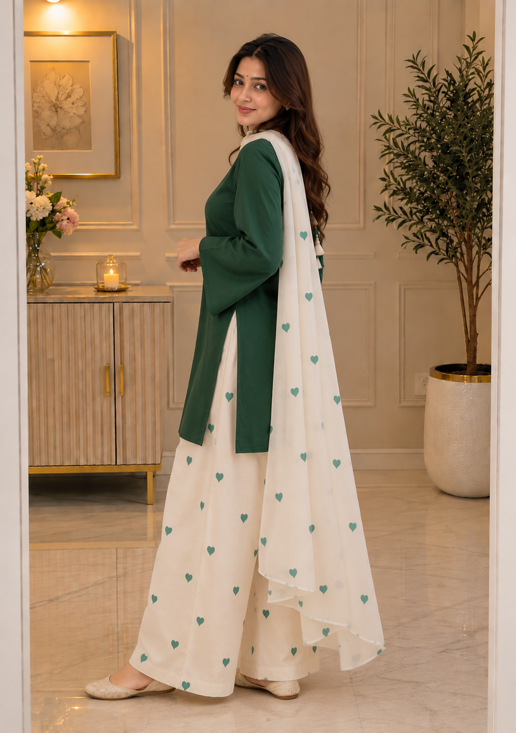 Cotton Pant Suit Set — Emerald Green with Heart Print Palazzo