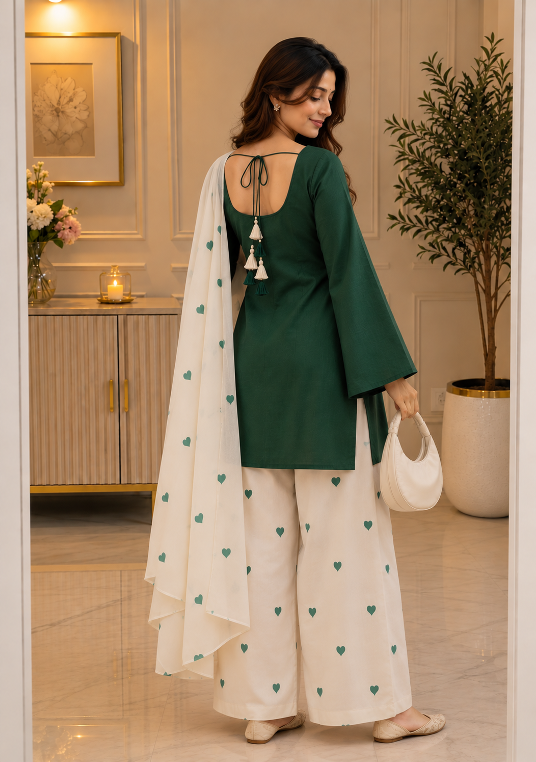 Cotton Pant Suit Set — Emerald Green with Heart Print Palazzo