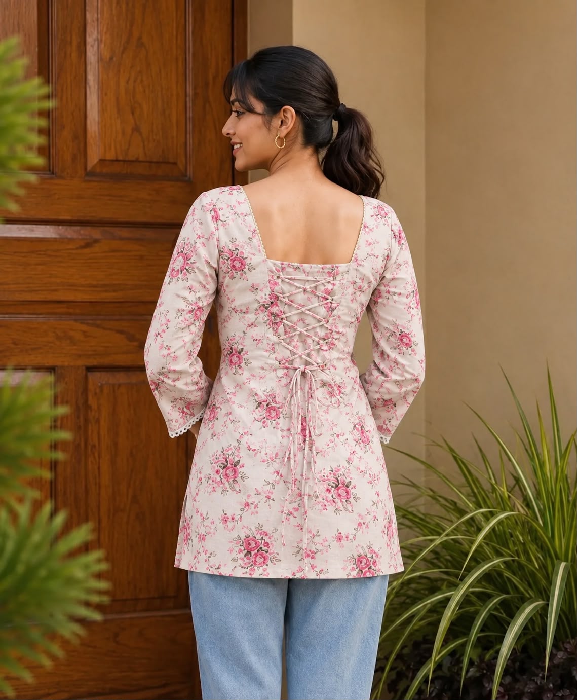 Pure Cotton Short Kurti — Blush Pink Floral