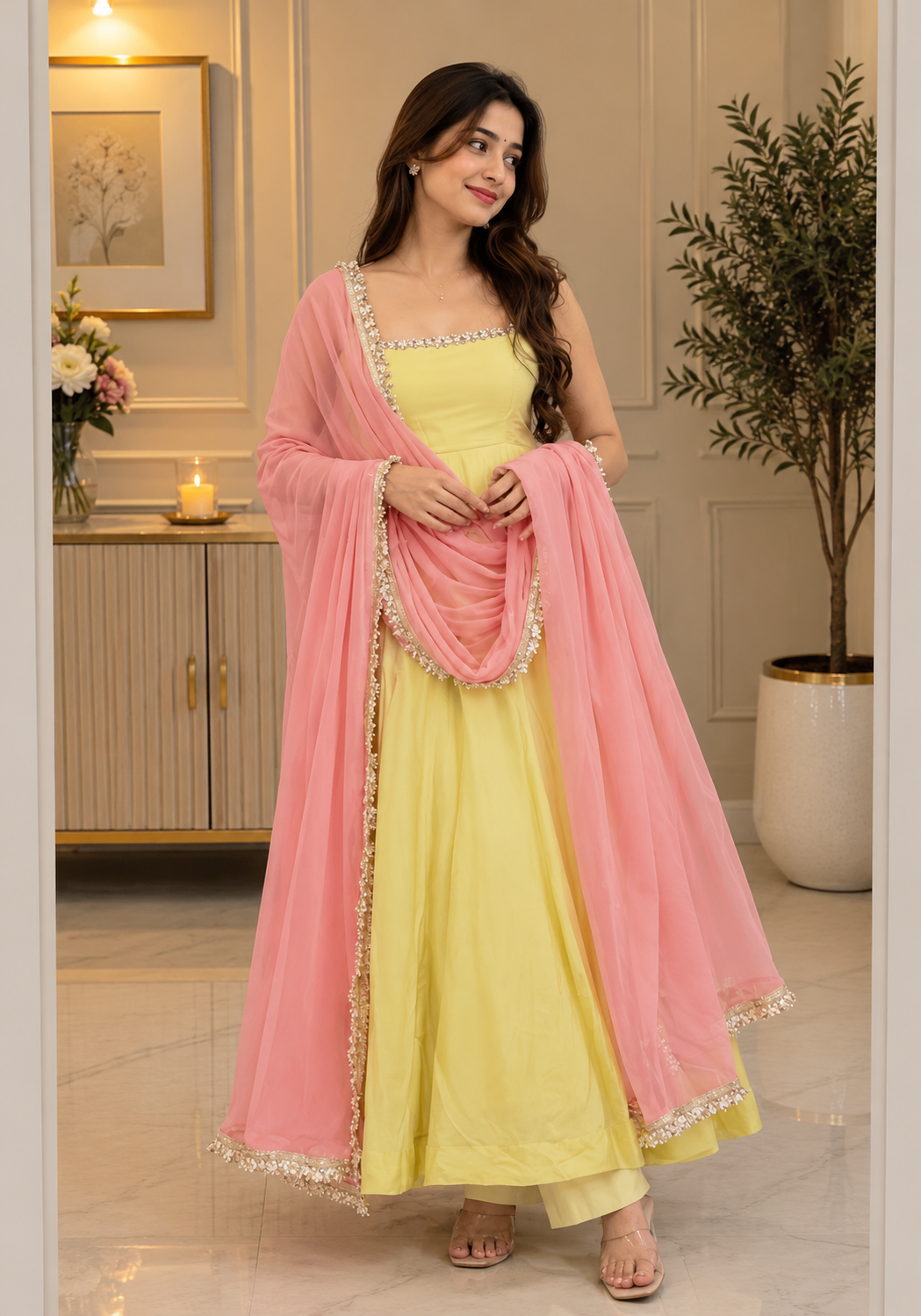 Georgette Anarkali Suit Set — Lemon Yellow with Pink Dupatta