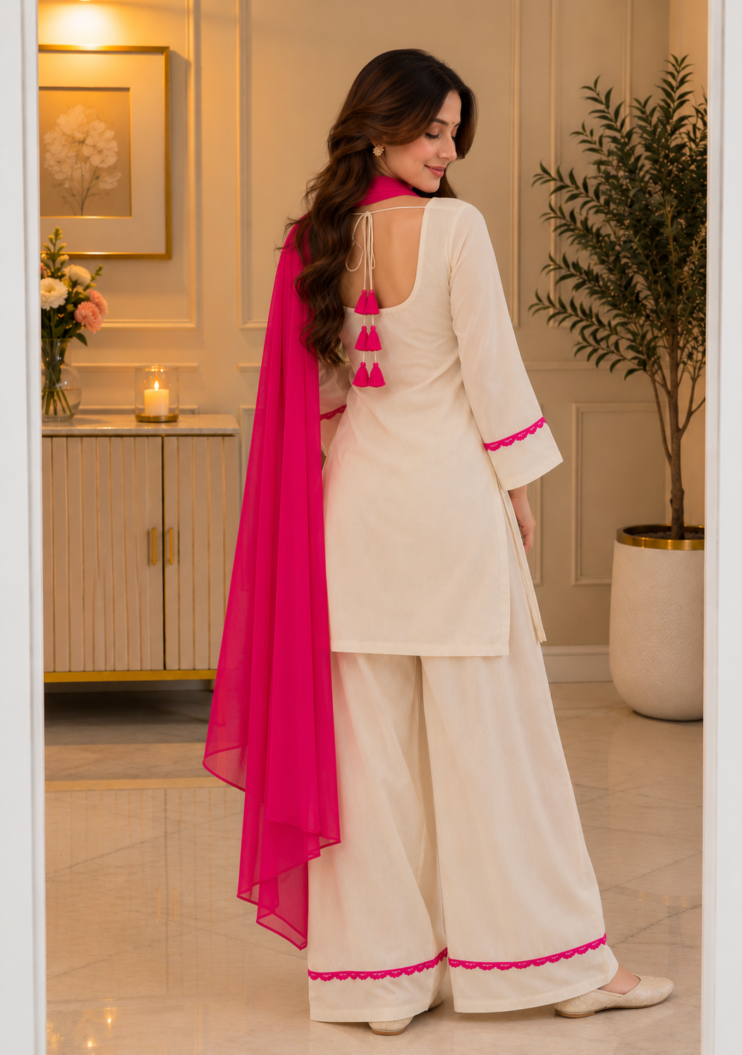 Cotton Pant Suit Set — Pearl White with Pink Scallop Border