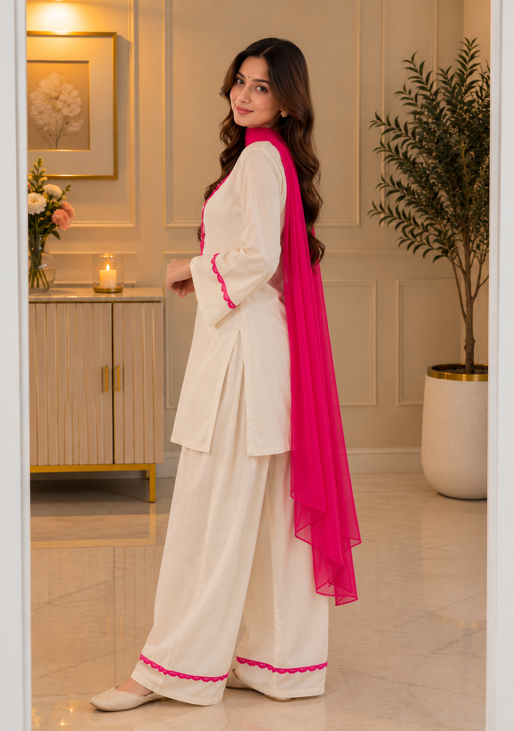 Cotton Pant Suit Set — Pearl White with Pink Scallop Border