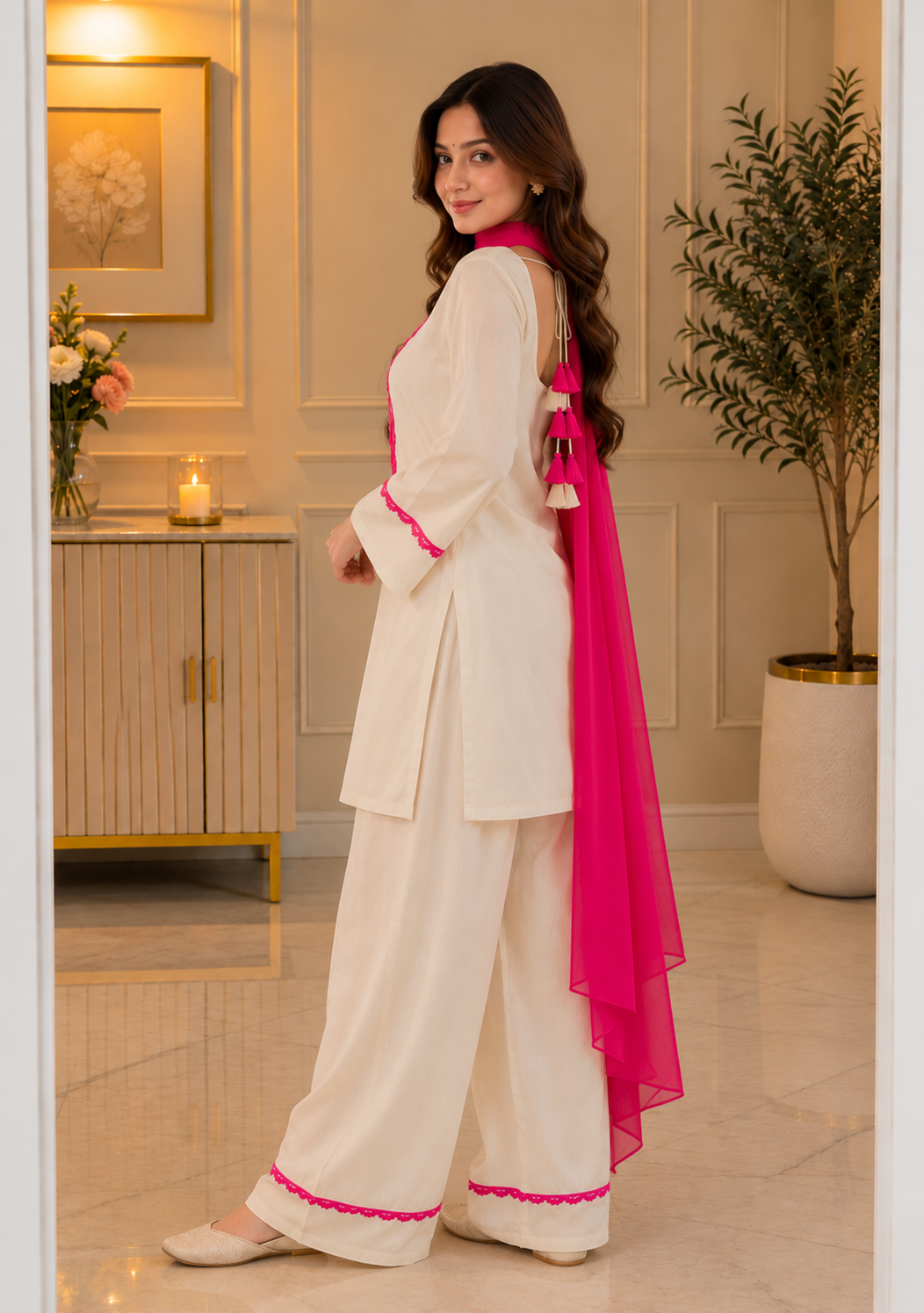 Cotton Pant Suit Set — Pearl White with Pink Scallop Border