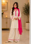 Cotton Pant Suit Set — Pearl White with Pink Scallop Border