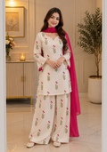 Cotton Embroidered Pant Suit Set — Ivory Floral with Pink Dupatta